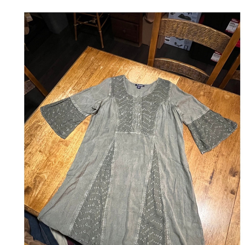 Roaman's Olive Green Midi Dress Embroidered Fairy Cottage Ren Faire Boho Sz 16W